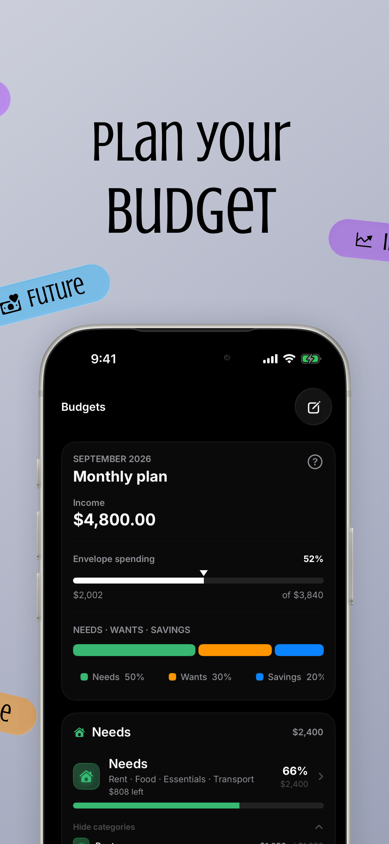 Casi monthly budget plan on iPhone with needs, wants, and savings