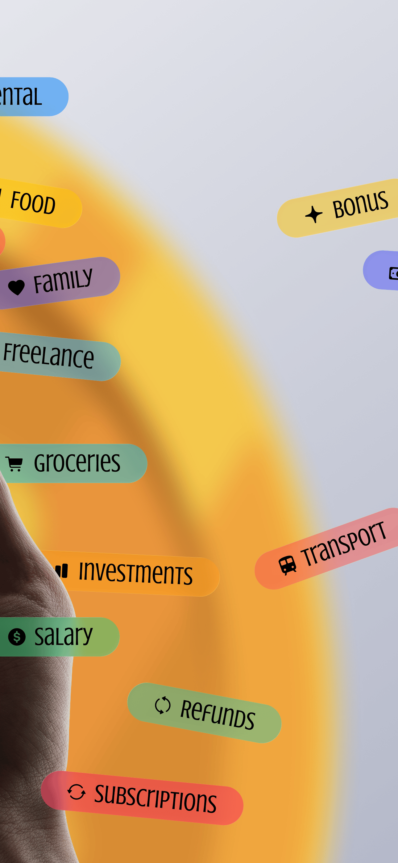Casi iPhone finance tracker category chips like food, family, salary, and rent