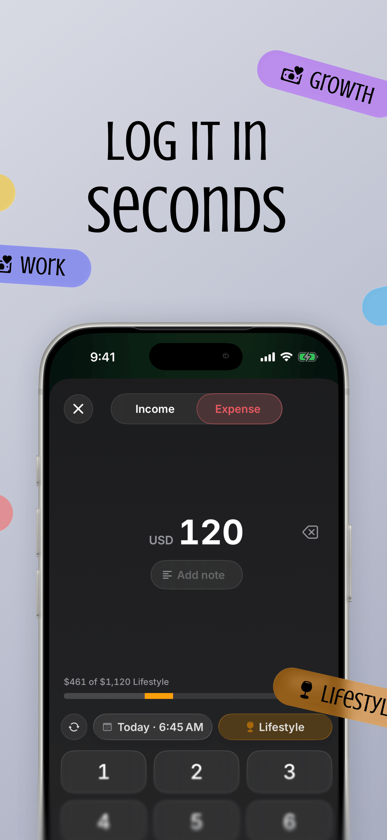 Casi iOS expense pad with amount, category, and keypad