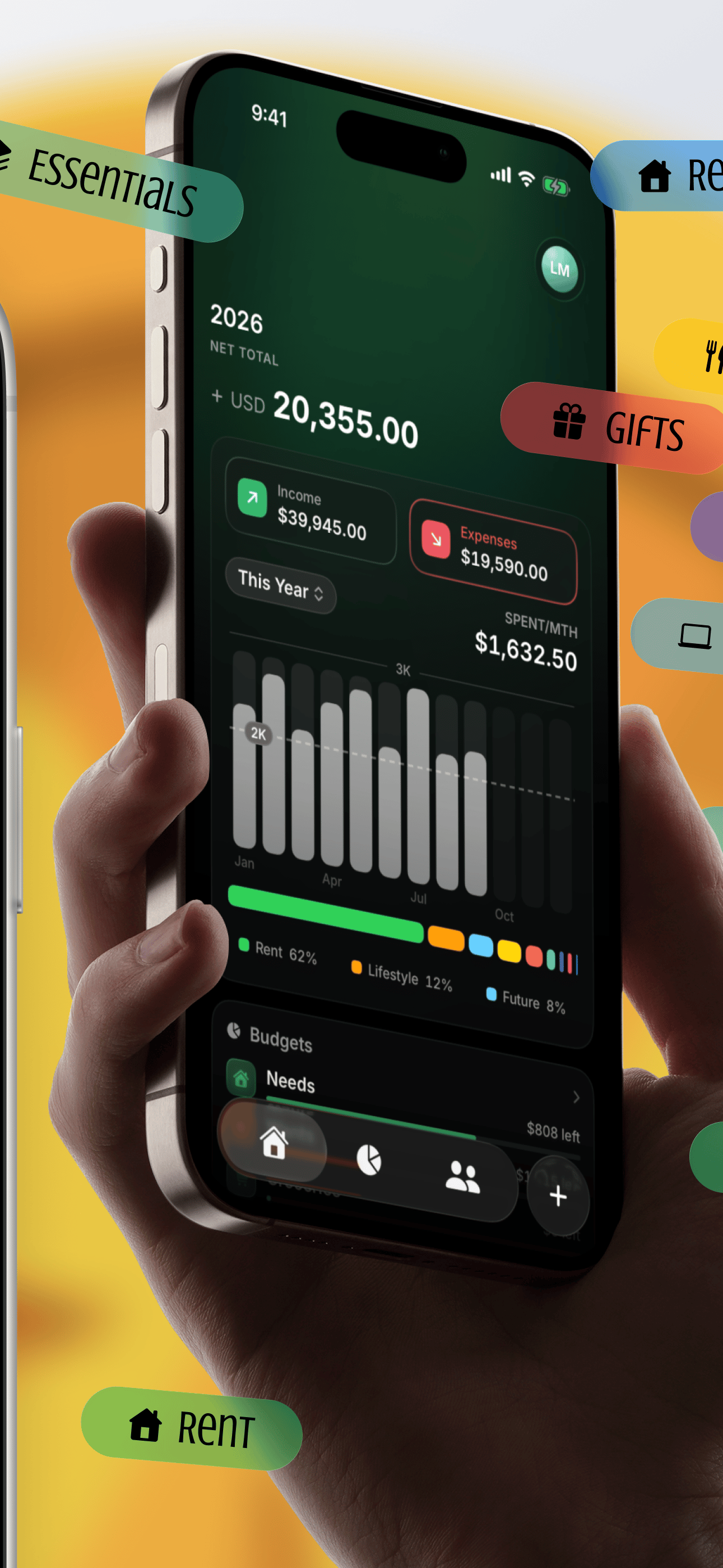 Casi personal finance tracker home on iPhone showing net total, income, and expenses