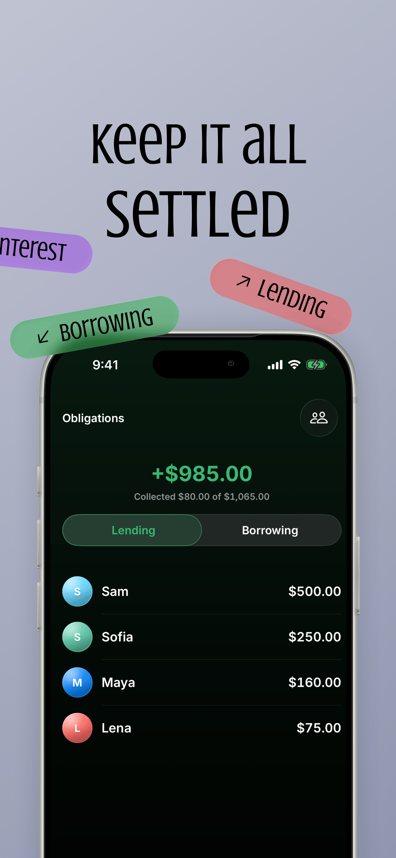 Casi iOS money tracker list of people you lent money to