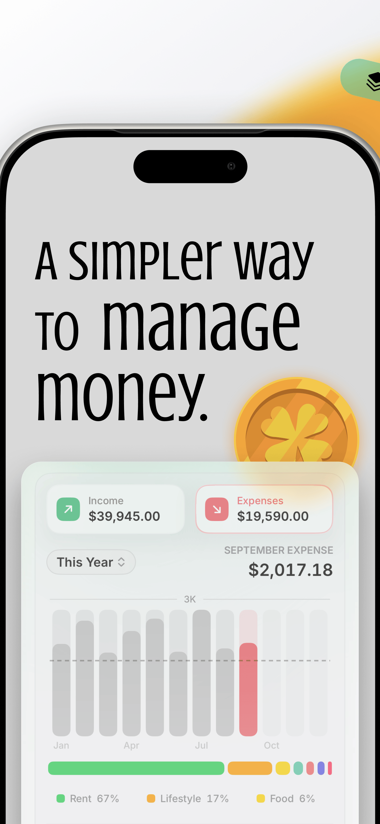 Casi iOS finance tracker yearly overview with income, expenses, and spending breakdown